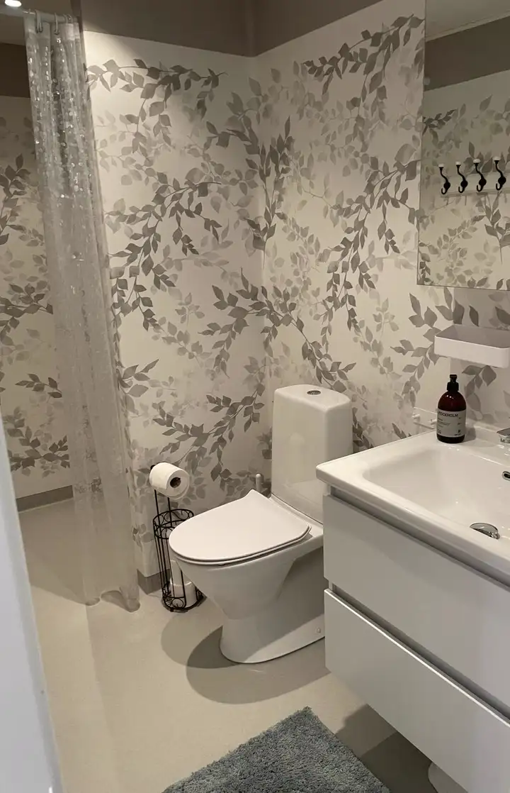 Badezimmer mit Waschtisch, WC und Dusche